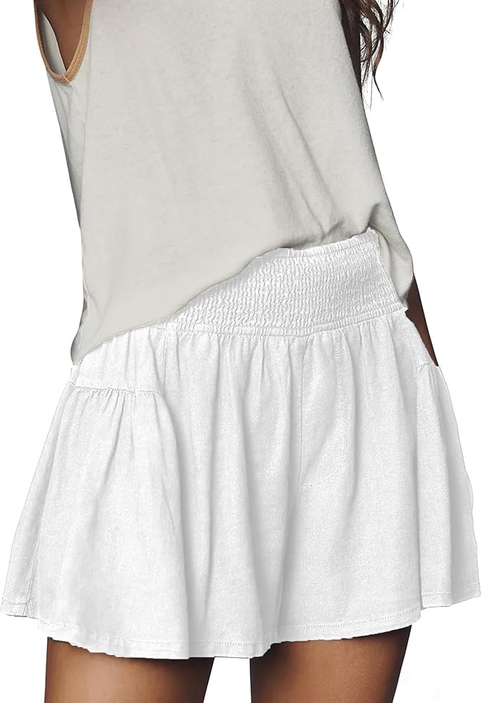 Linen Shorts for Women Summer Casual High Smocked Waist Wide Leg Lounge Baggy Beach Skirty Shorts | Amazon (US)