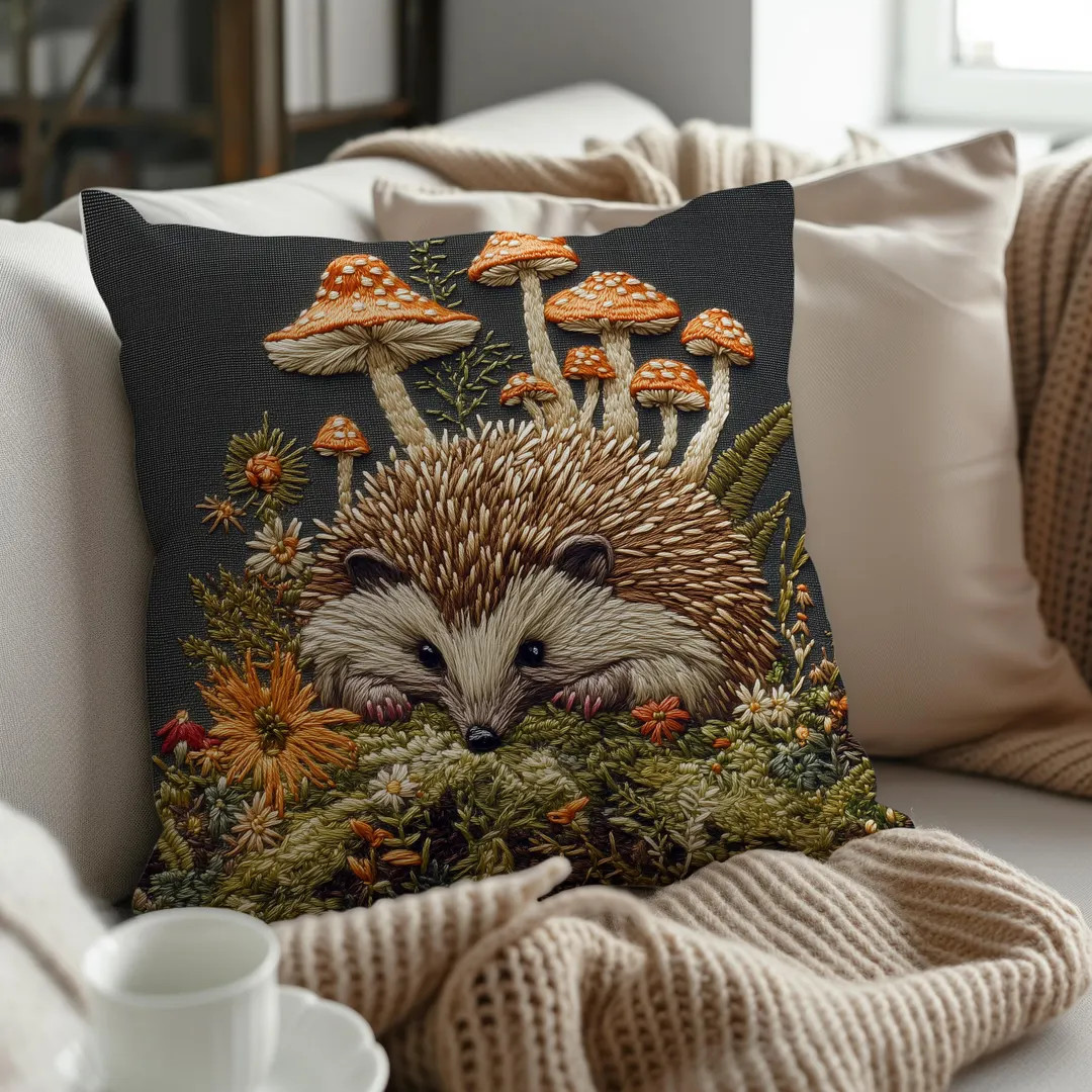 Embroidered Effect Hedgehog Throw Pillow Cover + Insert, Woodland Mushroom Decor, Forest Animal C... | Etsy (US)