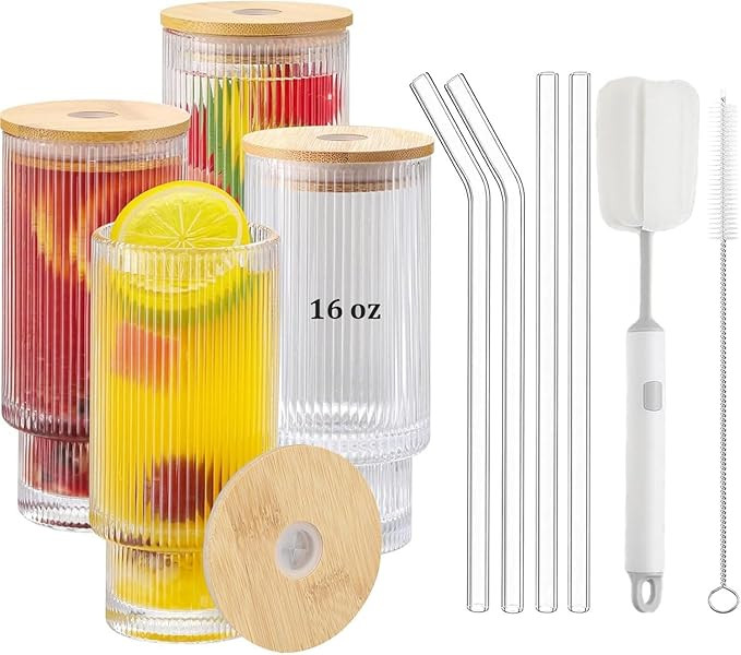 Ribbed Drinking Glasses with Bamboo Lids and Straws, Ribbed Glass Cups Set of 4 16oz, Vintage Flu... | Amazon (US)