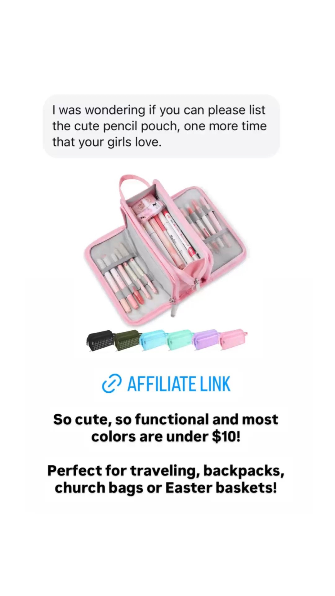 My girls have been using these pencil cases nonstop! Perfect for traveling, backpacks, church bags, or even Easter basket stuffers. 

They are so cute, so functional, and most colors are under $10!!!

#LTKKids