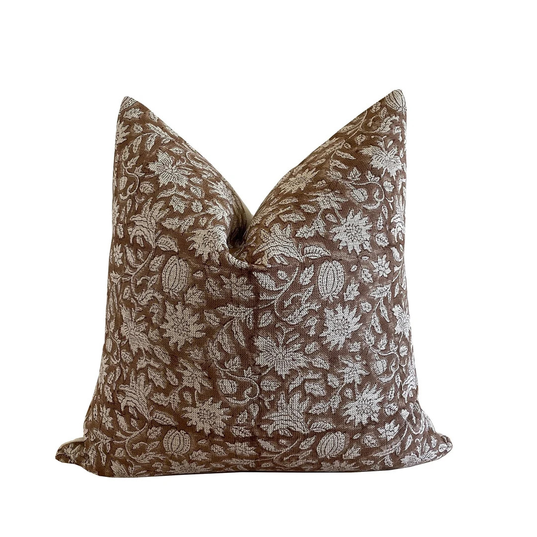 Brown Linen Block Print Pillow Cover on Textured Linen Pillow - Etsy | Etsy (US)