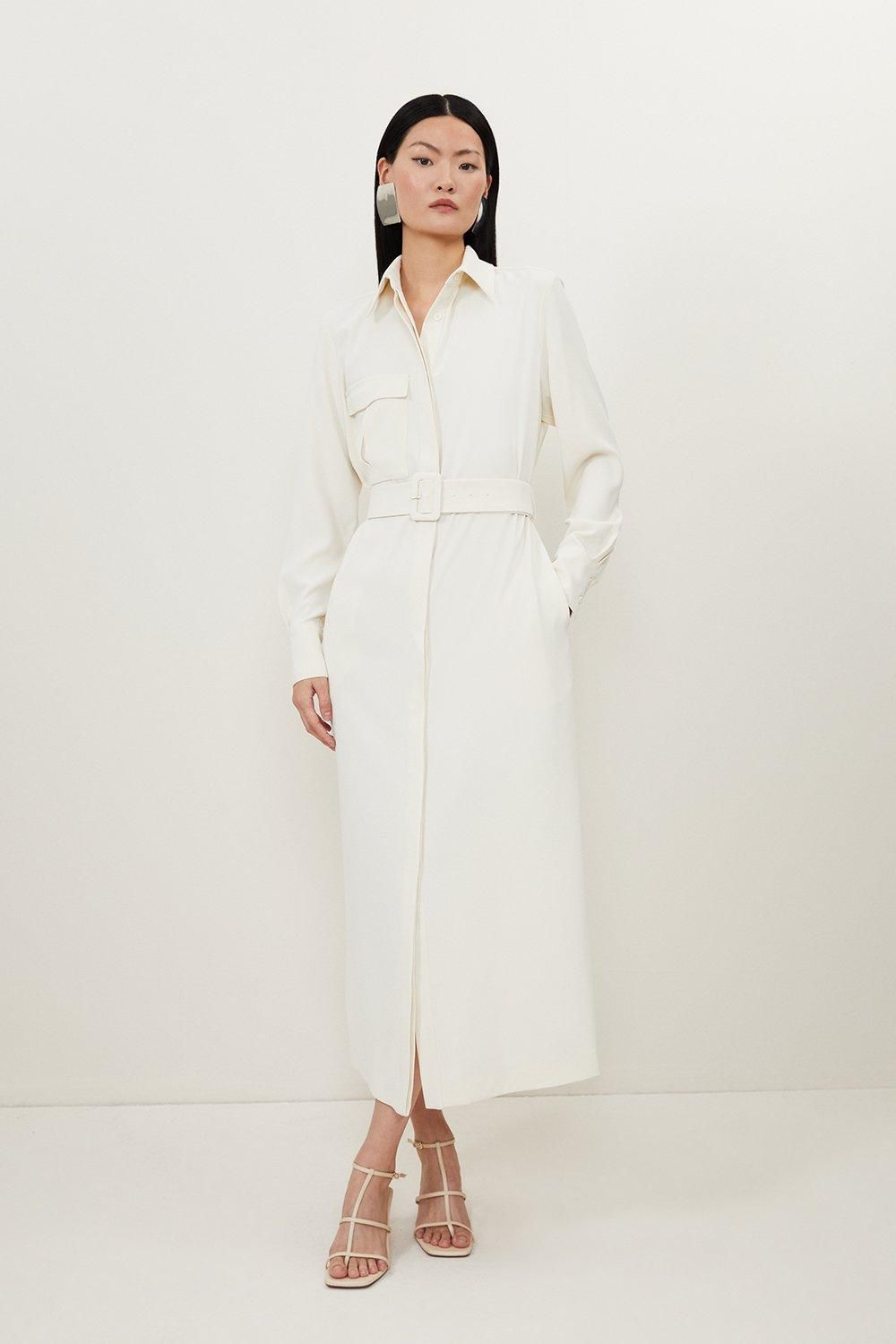 Tailored Crepe Pocket Detail Belted Midi Shirt Dress | Karen Millen US