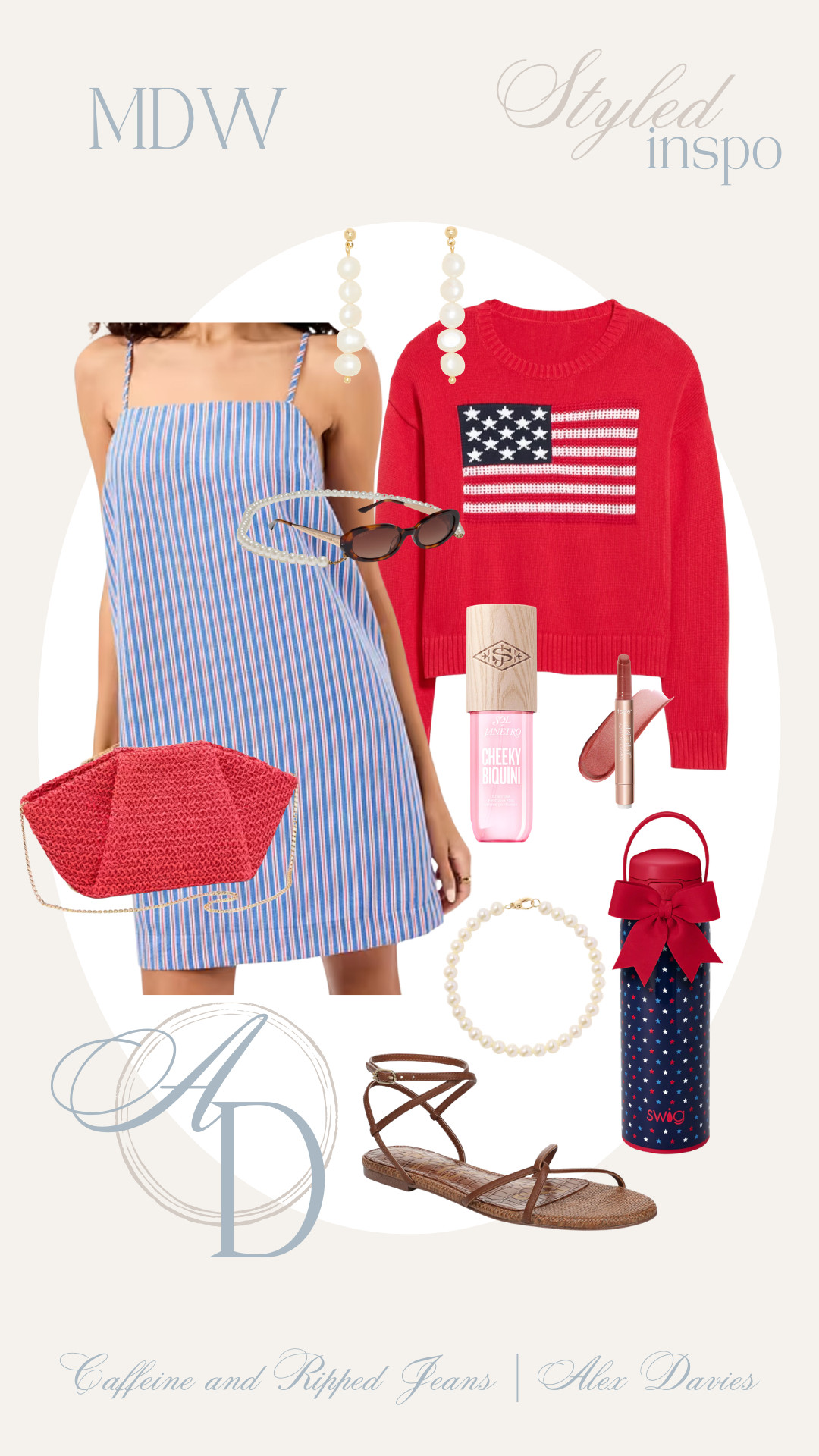 // memorial day weekend outfit inspo // american flag sweater // pearl sunglasses chain // sunglasses // americana water bottle // strappy sandals // pearl earrings // clutch bag // shift dress // 

 #LTKootd #LTKSeasonal #LTKSaleAlert