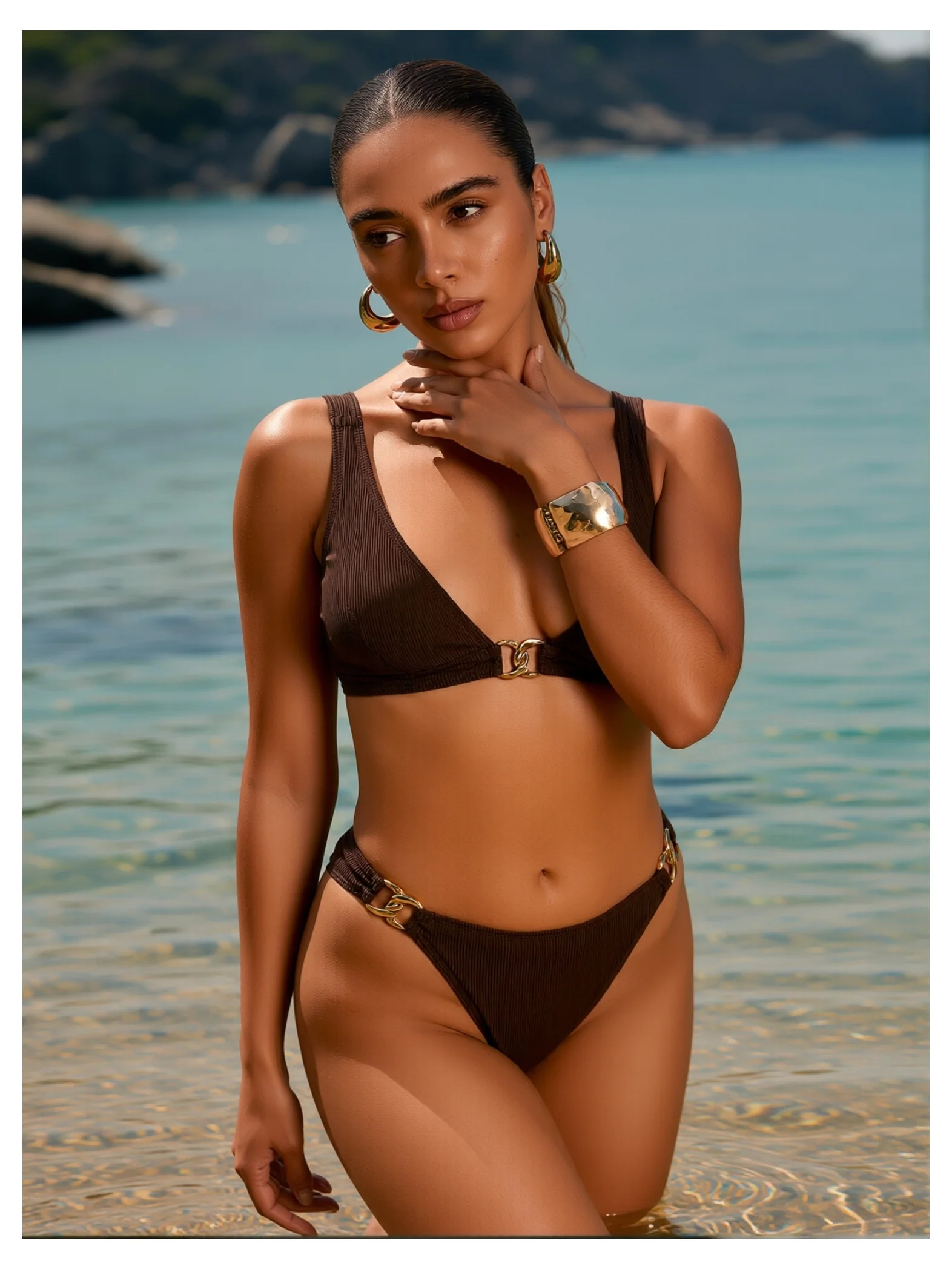 Women's Bikini Set - 2 Piece Swimsuit Brown with Gold Hardware - Supportive Triangle Top & High W... | Walmart (US)