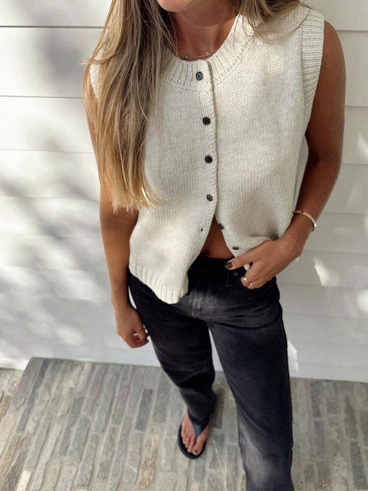 INAWLY Women's Solid Color Crew Neck Button Front Sleeveless Casual Knit Top | SHEIN