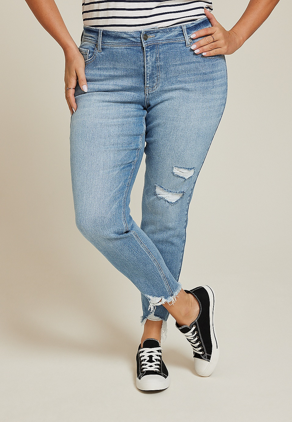 Plus Size KanCan™ Mid Rise Open Ripped Frayed Hem Skinny Jean | Maurices