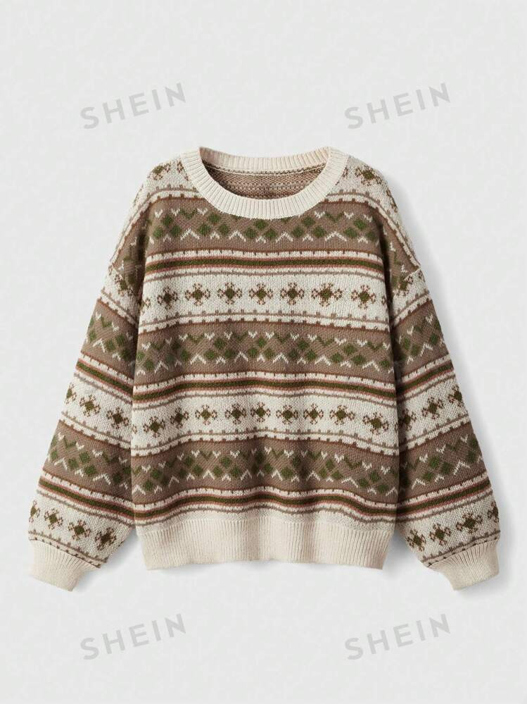 ROMWE Fairycore Plus Size Geometric Printed Loose Fit Sweater With Crewneck | SHEIN