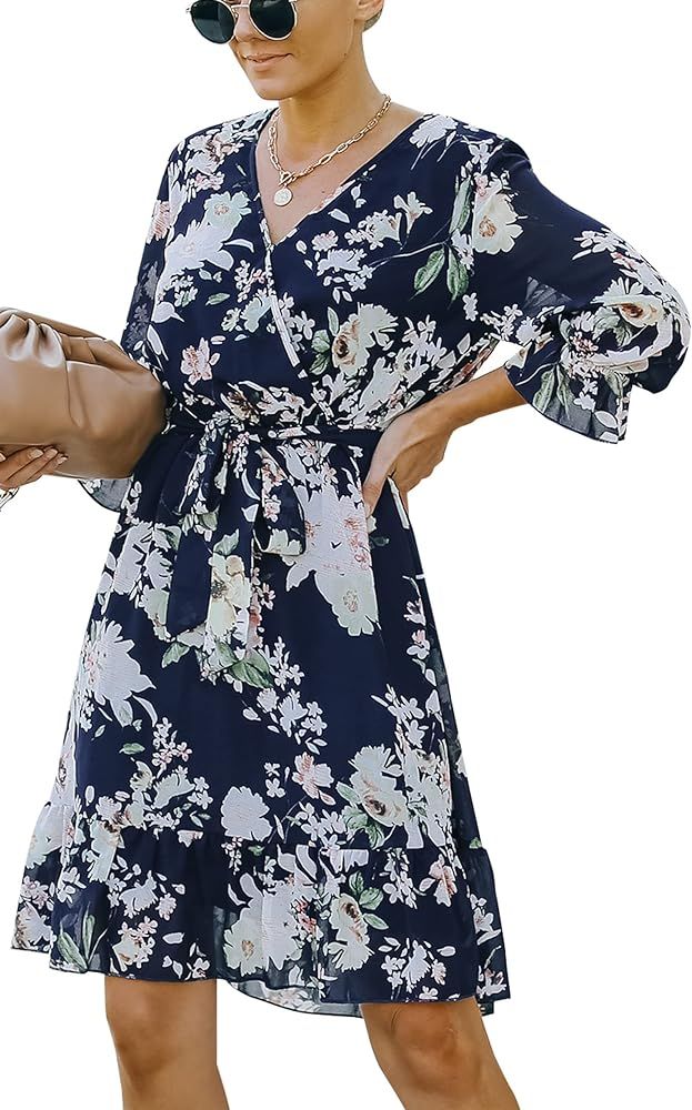 Angashion Women's Floral Dress Casual Ruffle Short Sleeve Wrap V Neck Women Dot High Waist Beach ... | Amazon (US)