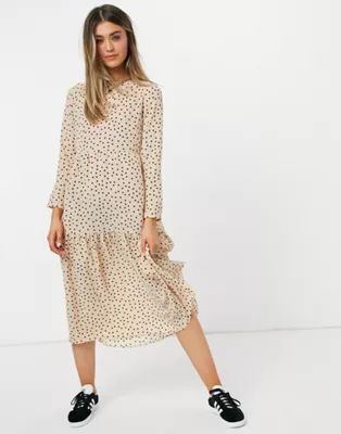 ASOS DESIGN long sleeve tiered smock midi dress in beige spot | ASOS (Global)