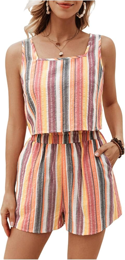 SHENHE Women's Summer 2 Piece Outfits Geo Striped Crewneck Tank and Shorts Going Out Set | Amazon (US)
