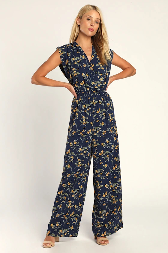 Botanical Romance Navy Blue Floral Ruched Wide Leg Jumpsuit | Lulus (US)