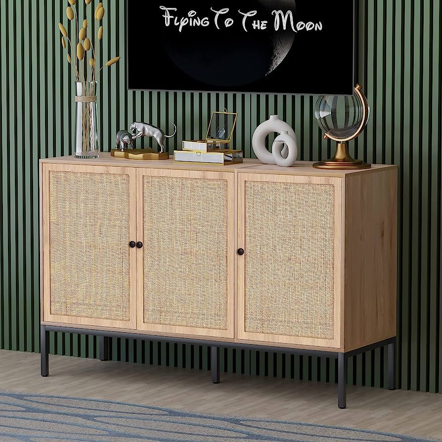 Buffet Cabinet with Natural Rattan Decorated Doors, Sideboard Accent Cabinet, Console Table, Ratt... | Amazon (US)