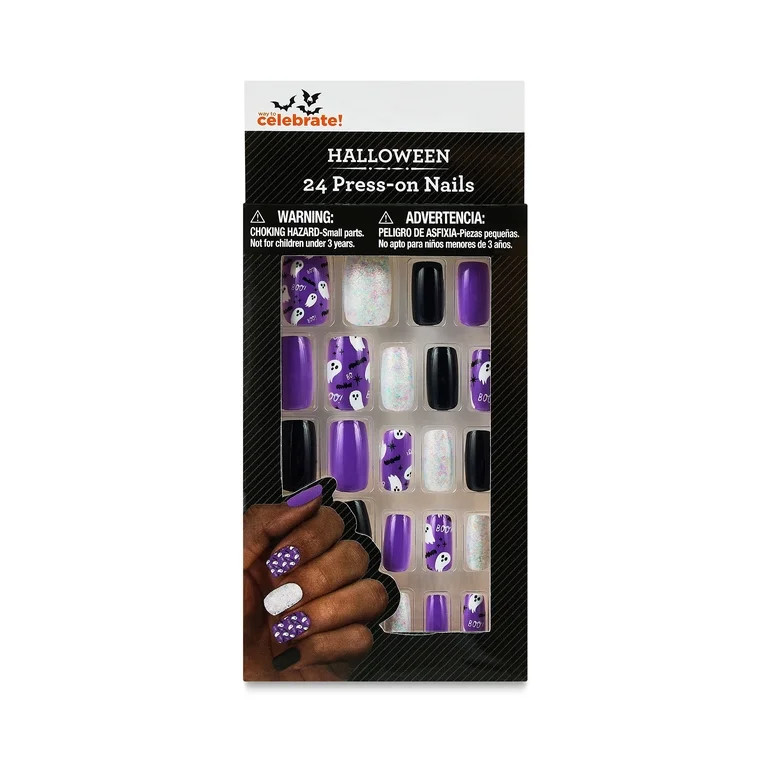 Halloween Purple & Black Ghost Press-On Nails for Adults, 24 Pack, by Way To Celebrate | Walmart (US)