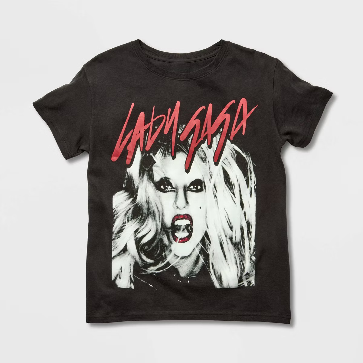 Women's Lady Gaga Red Lip Short Sleeve Graphic T-Shirt - Black | Target