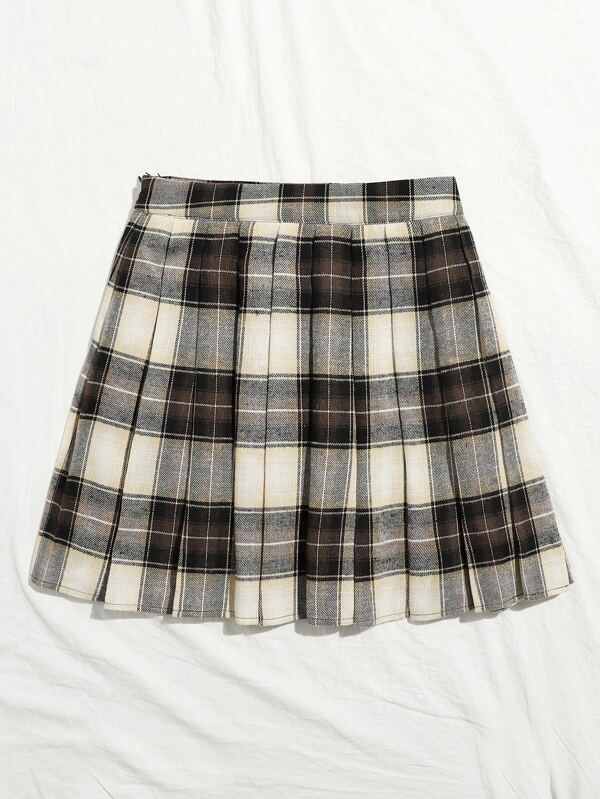SHEIN Zip Side Plaid Pleated Skirt | SHEIN