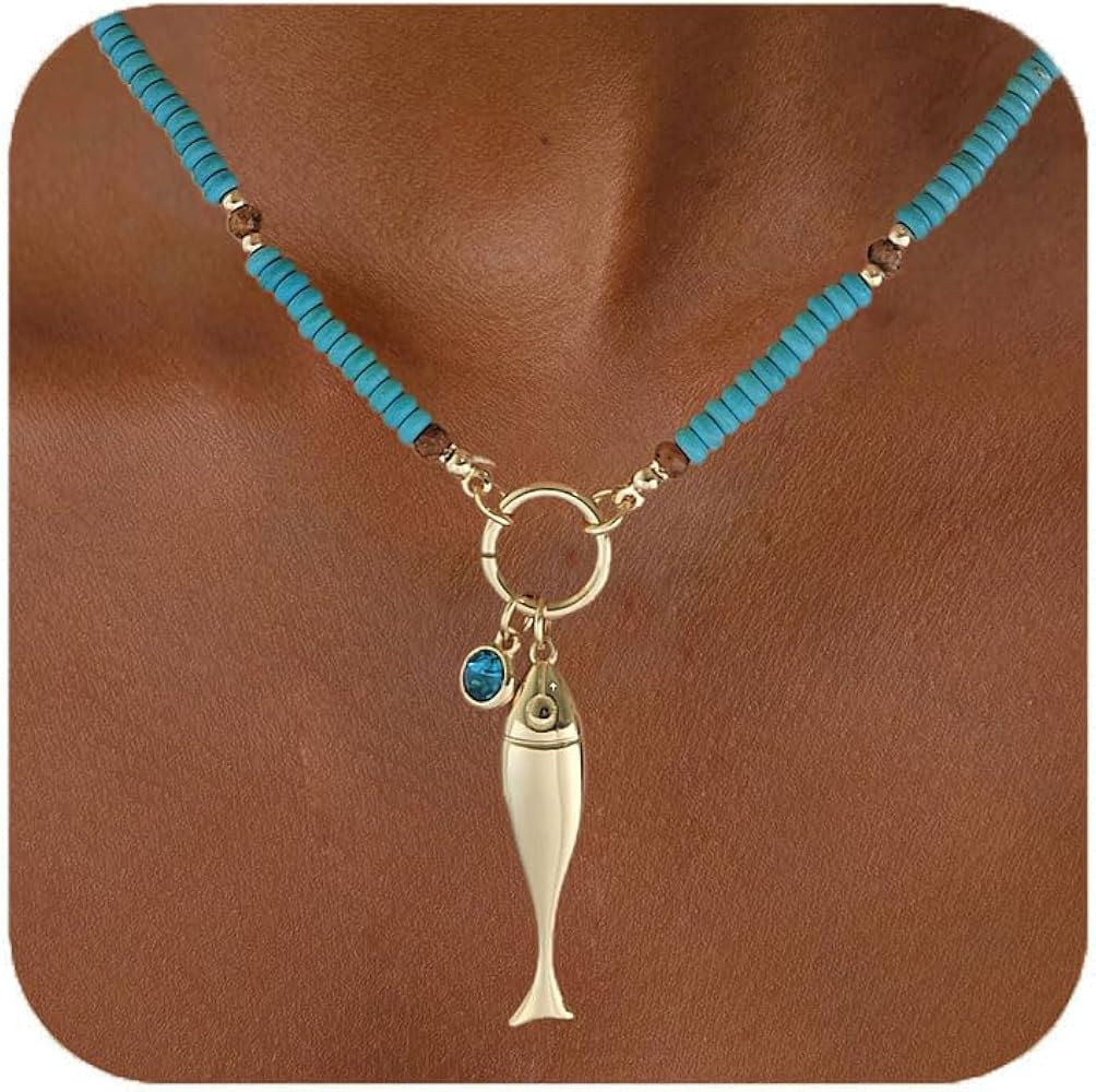 CLASSYZINT Gold Fish Necklace Blue Bead Necklace Boho Ocean Necklace Summer Jewelry for Women | Amazon (US)