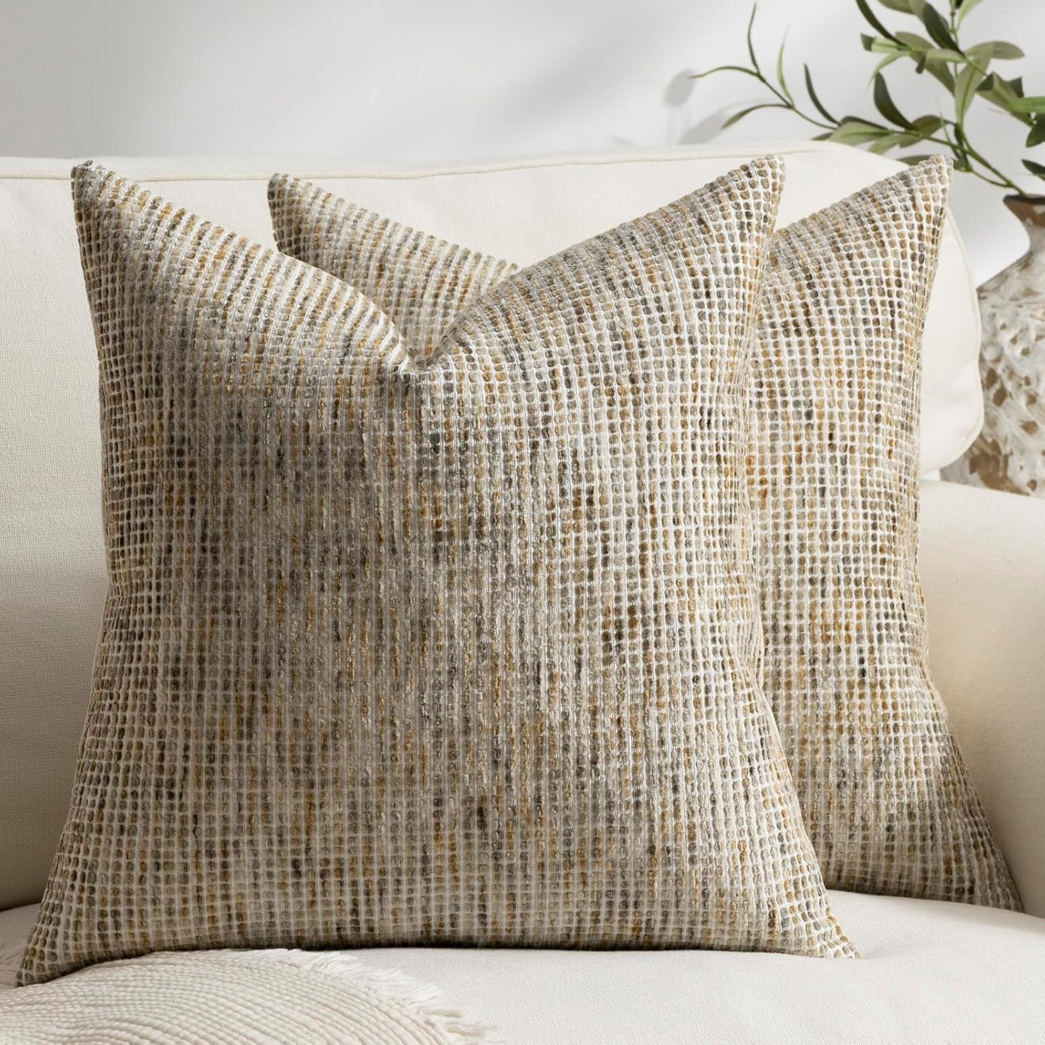 Pack of 2 Neutral Throw Pillow Covers 18x18 Boho Textured Dots Stripe Chenille Square Decorative Pillow Cases Accents for Living Room Couch Bed Farmhouse Home Decor, Brown Grey | Amazon (US)