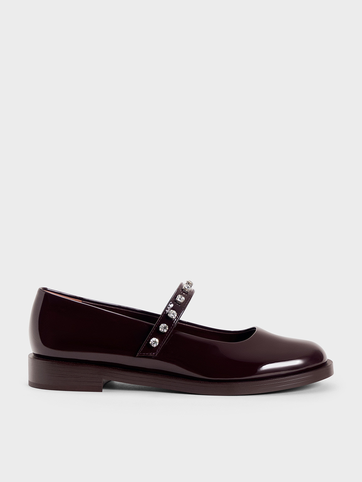 Maroon Patent Gem-Encrusted Mary Janes | CHARLES & KEITH UK | Charles & Keith UK