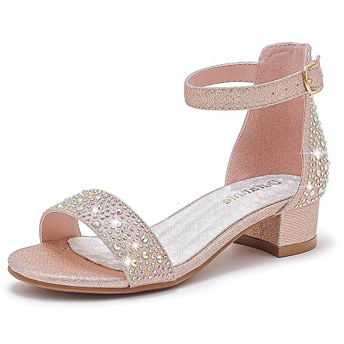 Dufannie Girls Gold Heels Sparkle Flower Girls Dress Shoes with Ankle Strap Low Heel Shoes Birthday Party Wedding Performances Sandals for Little Big Kids(3603Gold 3) | Amazon (US)