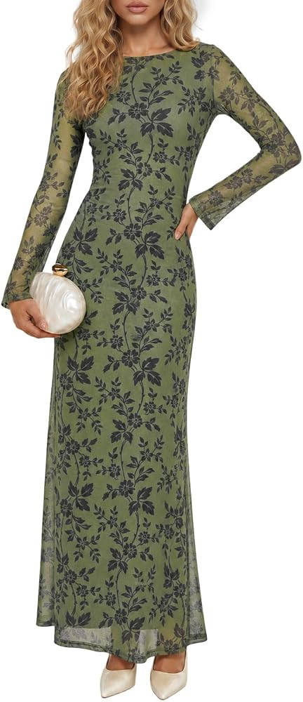 Wenrine Womens Long Sleeve Maxi Dress Floral Mesh Wedding Guest Dresses | Amazon (US)
