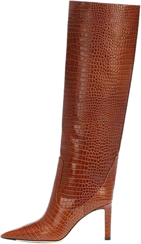 Arqa Women's Stiletto High Heel Knee High Boots Pointy Toe Faux Crocodile Print Boot Casual Dress... | Amazon (US)