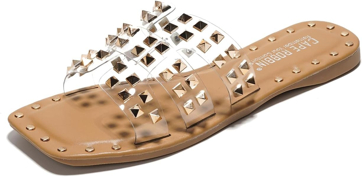 Women's Slide Sandals with Gold Spike Studded Design - Open-Toe Summer Slides for Women, Slip-On ... | Amazon (US)