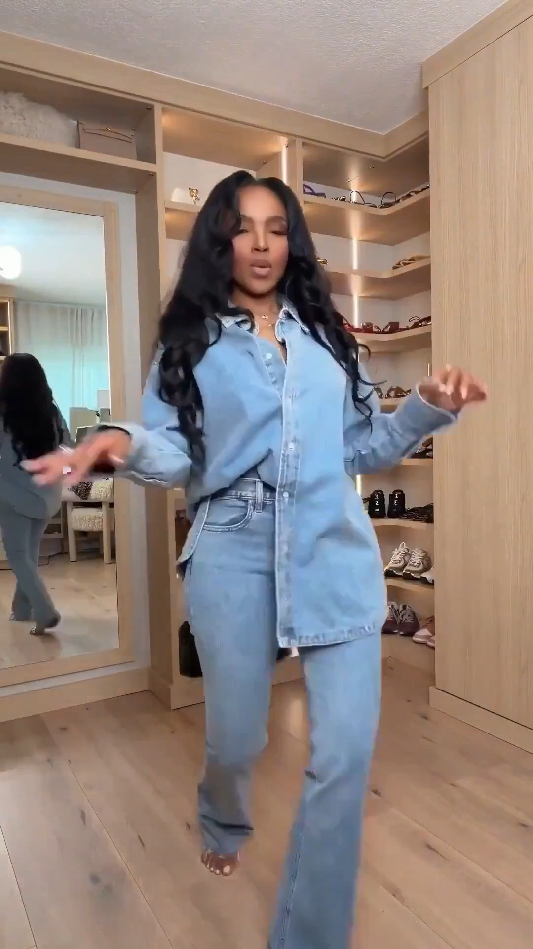 Scroll to shop!!  This double denim look featuring a relaxed chambray button-down styled with light wash flare jeans is a classic take on a Canadian tuxedo.

Perfect for casual brunch, weekend errands, travel days, or an easy elevated everyday outfit.

#LTKTravel #LTKootd #LTKPetite