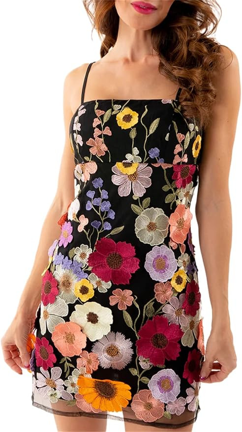 Sunloudy Women Sling Floral Embroidery Mini Dress Spaghetti Strap Going Out Short Dress Party Clu... | Amazon (US)