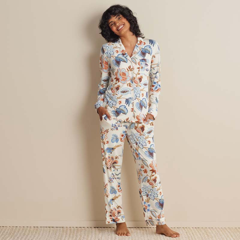 TENCEL™ Modal Jersey Knit Women's Button-Down Pajama Set - Blue Flora, S | The Company Store