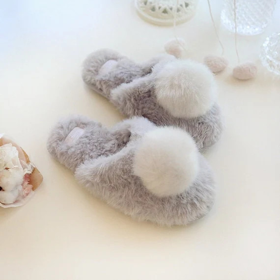 Fluffy Plush Pom Pom Slipper for Women, Faux Fur Feel Fuzzy Slippers,  Wedding Gift Bride Bridesm... | Etsy (US)