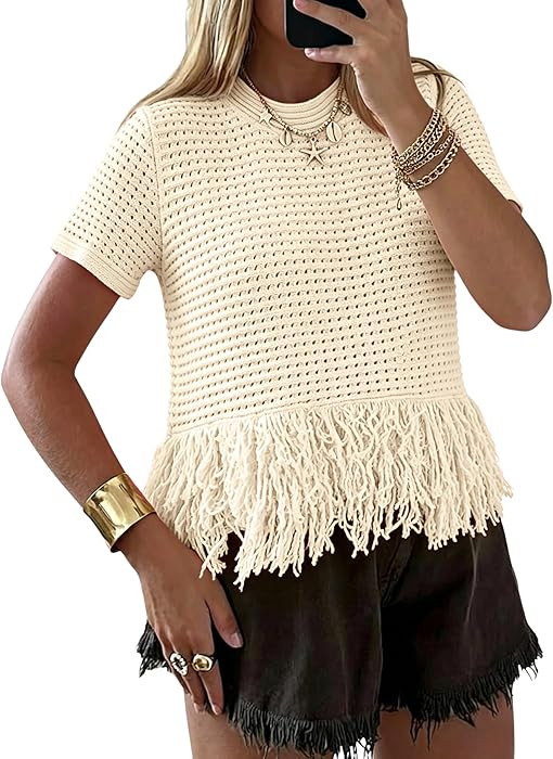 PUWEI Womens Short Sleeve Fringe Tops Crew Neck Boho Crochet Cropped Tops Summer Trendy Knit Swea... | Amazon (US)