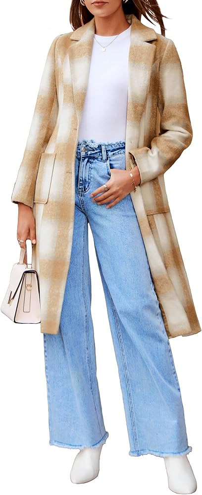 Simplee Womens Wool Blend Trench Coat Winter Plaid Shacket Jacket Casual Fall Tartan Coats Lapel ... | Amazon (US)