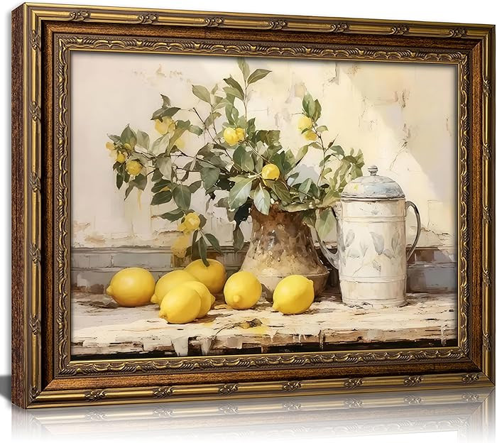 Vintage Gold Framed Canvas Wall Art Farmhouse Rustic Lemon Kitchen Painting Picture Wall Decor Re... | Amazon (US)