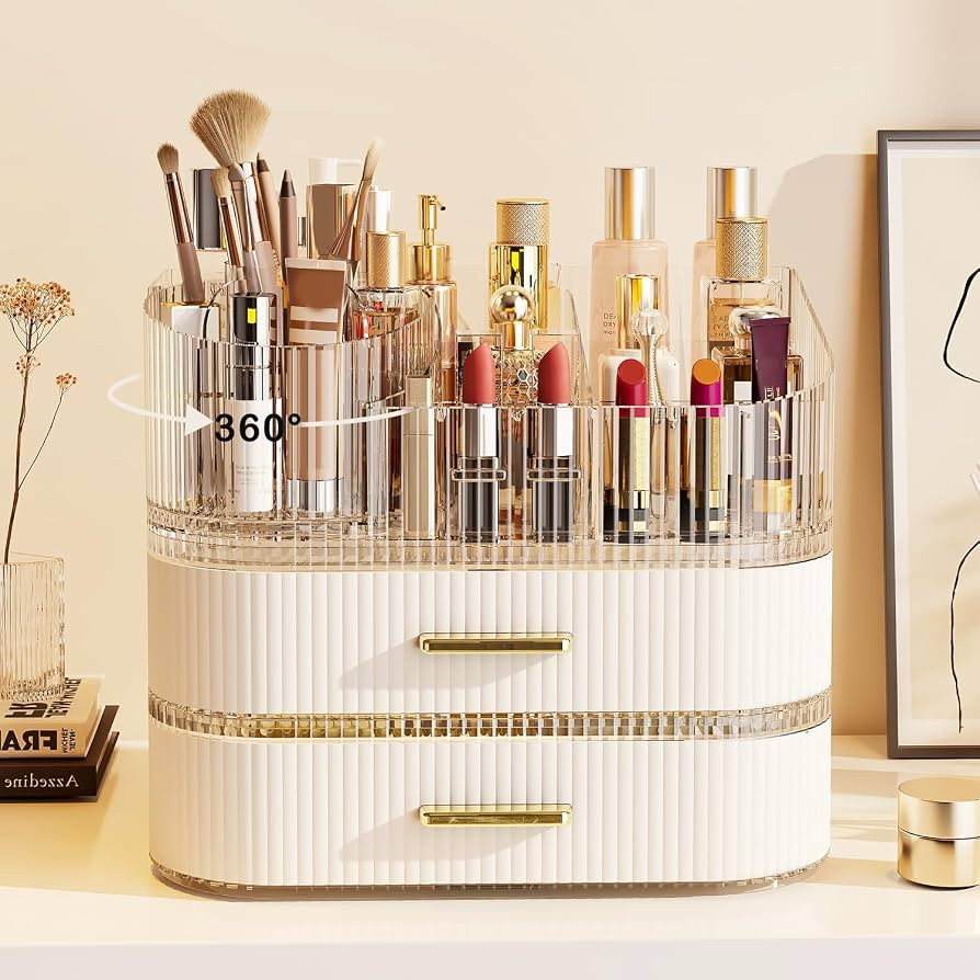 Makeup Organizer with Stackable Drawer, 360 Rotating Makeup Brush Holder, 11-inch Wide Large Cosm... | Amazon (US)