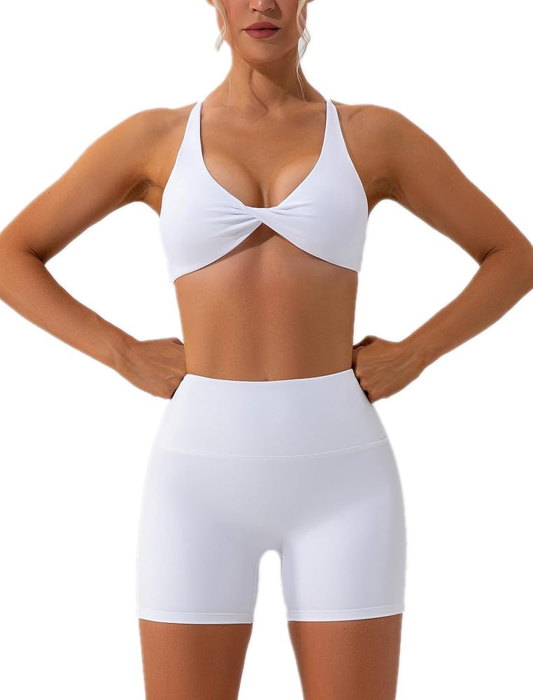 ABOCIW Workout Sets for Women 2 Piece Twist Front Halter Sports Bras High Waist Booty Shorts Exer... | Amazon (US)