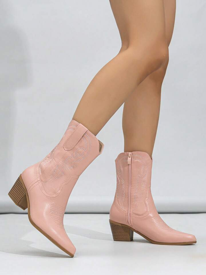 Women Embroidery Detail Side Zipper Western Boots, Artificial Leather Chunky Heeled Fashion Boots | SHEIN