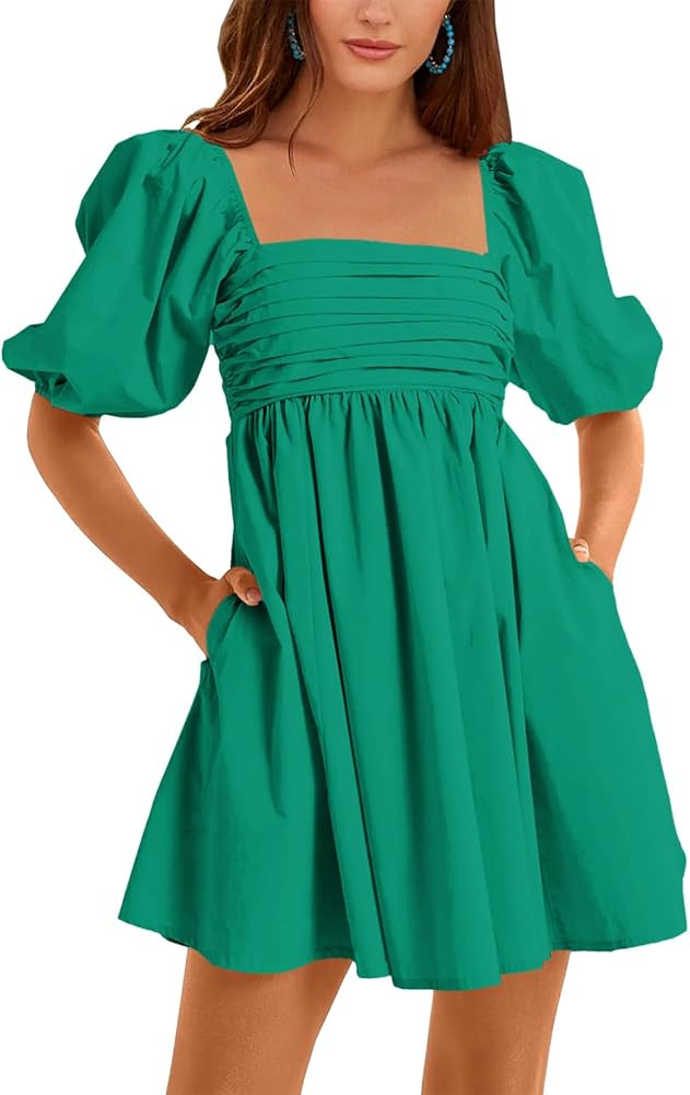 Ebifin Womens Square Neck Dresses Half Puff Sleeve High Waist A-Line Casual Backless Smocked Shor... | Amazon (US)