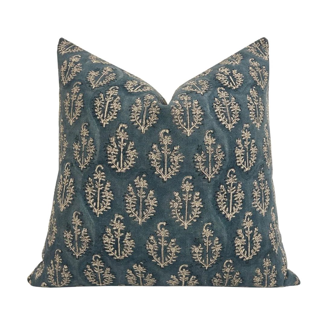 MILO Designer Floral Linen Pillow Cover, Dark Blue Floral Pillow Cover, Block Print Pillow, Block... | Etsy (US)