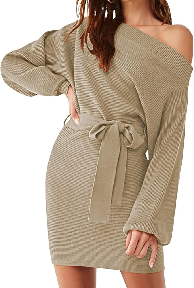 Meenew Women's Off Shoulder Sweater Dress Ribbed Tie Waist Short Bodycon Dress | Amazon (US)