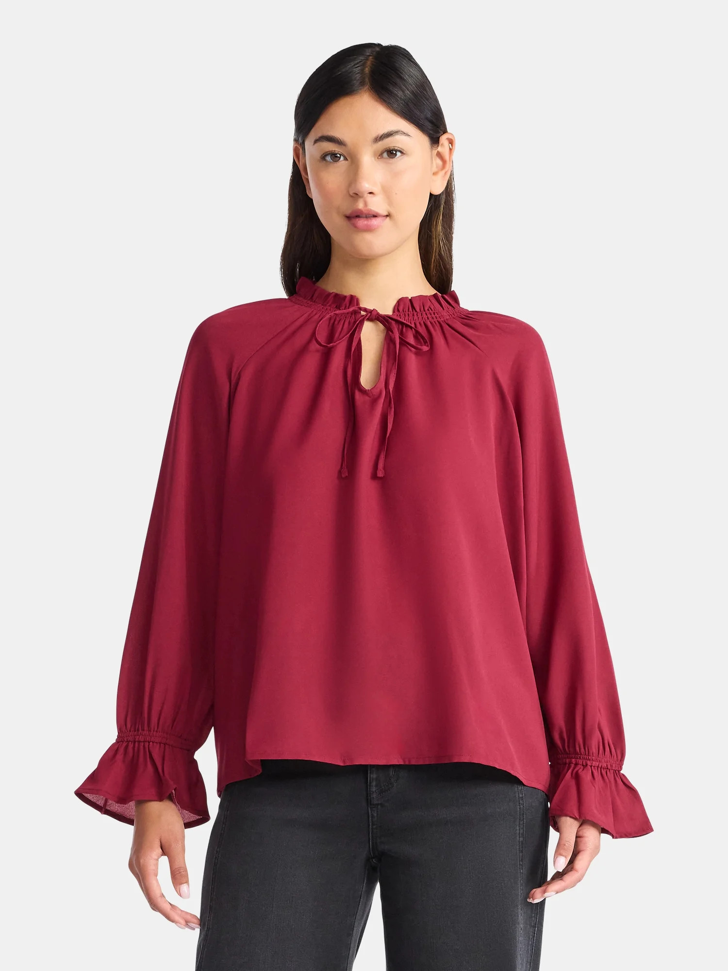 Time and Tru Women's Ruffle Neck Blouse with Long Sleeves, Size XS – XXXL - Walmart.com | Walmart (US)