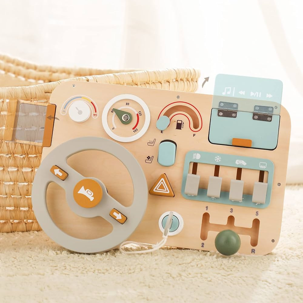 Wooden Busy Board Montessori Toys Steering Wheel for Toddlers, Car Driving Toddler Busy Board Woo... | Amazon (US)