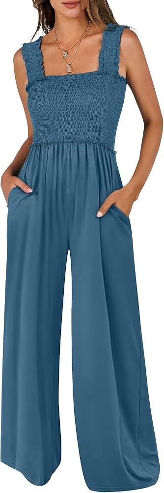 ANRABESS Womens Casual Summer Jumpsuits Smocked Sleeveless Wide Leg Long Romper Jumpers 2025 Beac... | Amazon (US)