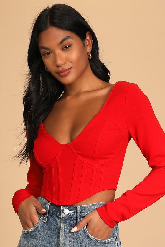 Got You Impressed Red Long Sleeve Corset Top Bustier Crop Top Spring Top | Lulus (US)