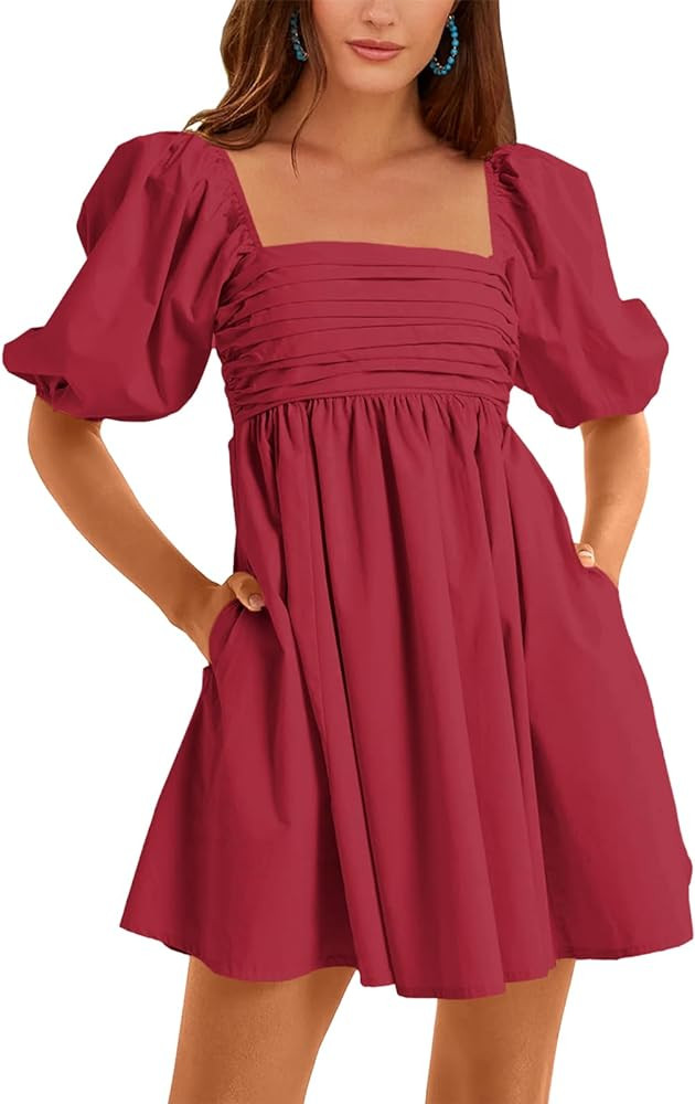 Ebifin Womens Square Neck Dresses Half Puff Sleeve High Waist A-Line Casual Backless Smocked Shor... | Amazon (US)