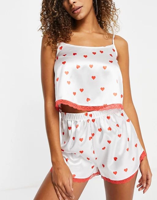 I Saw It First satin lace trim cami top and short pajama set in red heart print | ASOS (Global)