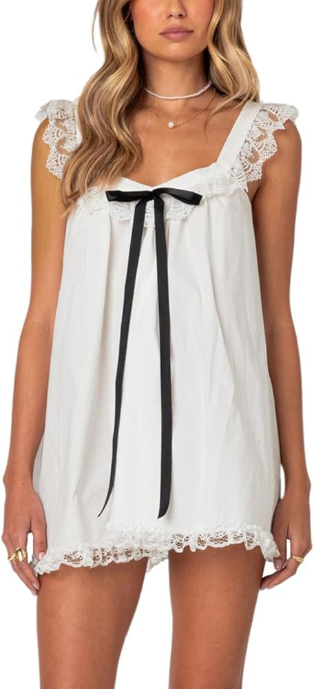 Women Y2K Lace Trim Slip Dress Casual Bow Tie Pleated Ruffle Tunic Dress Summer Outgoing Solid Co... | Amazon (US)