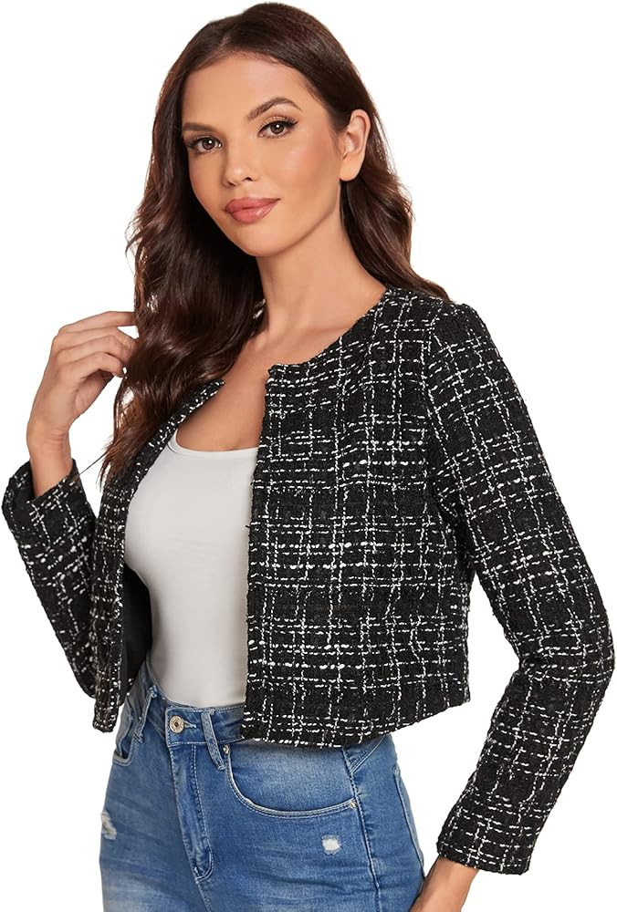 SheIn Women's Long Sleeve Plaid Tweed Open Front Cropped Jacket Work Office Blazer | Amazon (US)