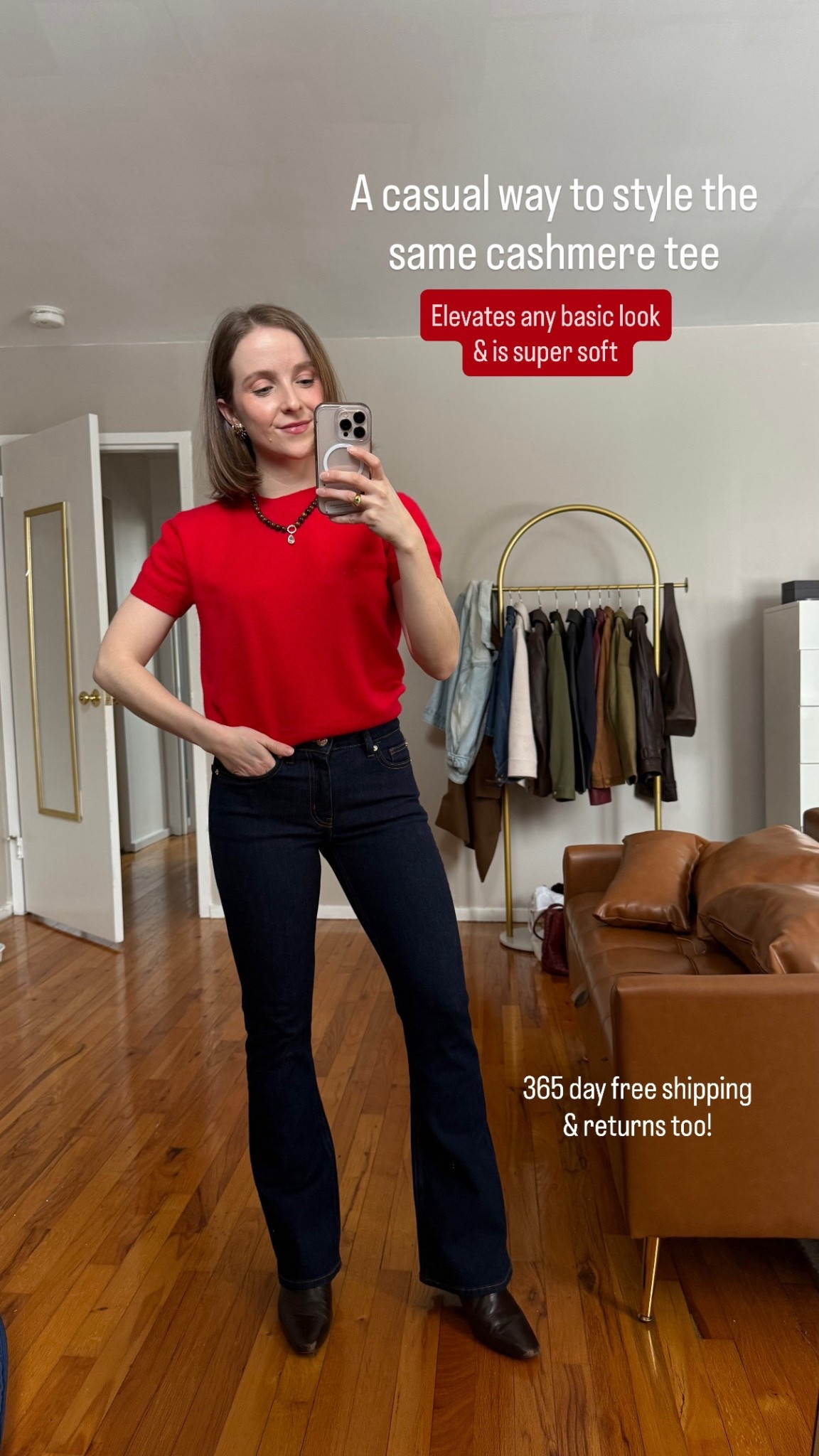 $44 cashmere tee to live in! Wearing small, 25 short bootcut jeans 
365 day free returns & shipping 


#LTKWorkwear #LTKSpringSale #LTKPetite