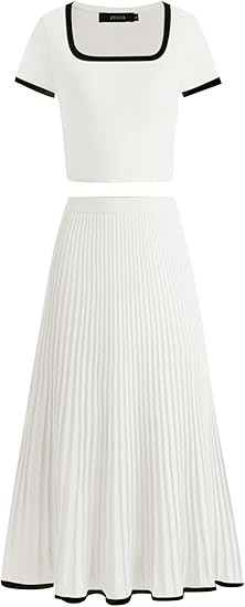 ZESICA Womens Casual Two Piece Skirt Sets Ribbed Knit Short Sleeve Crop Top and Pleated Skirts Ma... | Amazon (US)