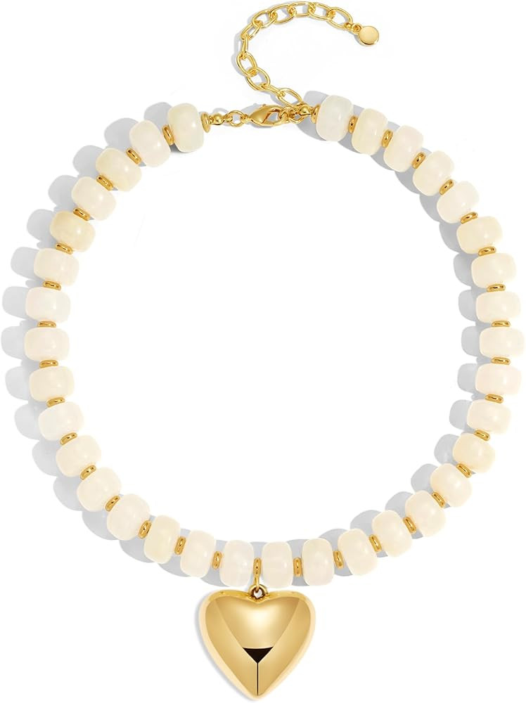 Chunky Beads Necklace for Women Trendy Gold Puffy Heart Choker Necklace Colorful Resin Beaded Hea... | Amazon (US)